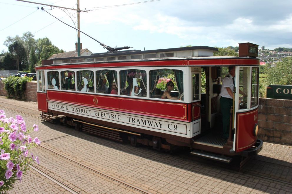 Red Tram Car 14 Saloon enclosed tram at Colyton Station