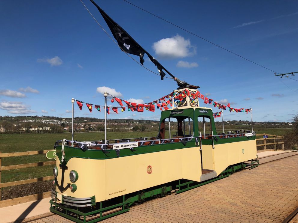 Tram Car 14 The Boat Tram under blue sky at Riverside Depot