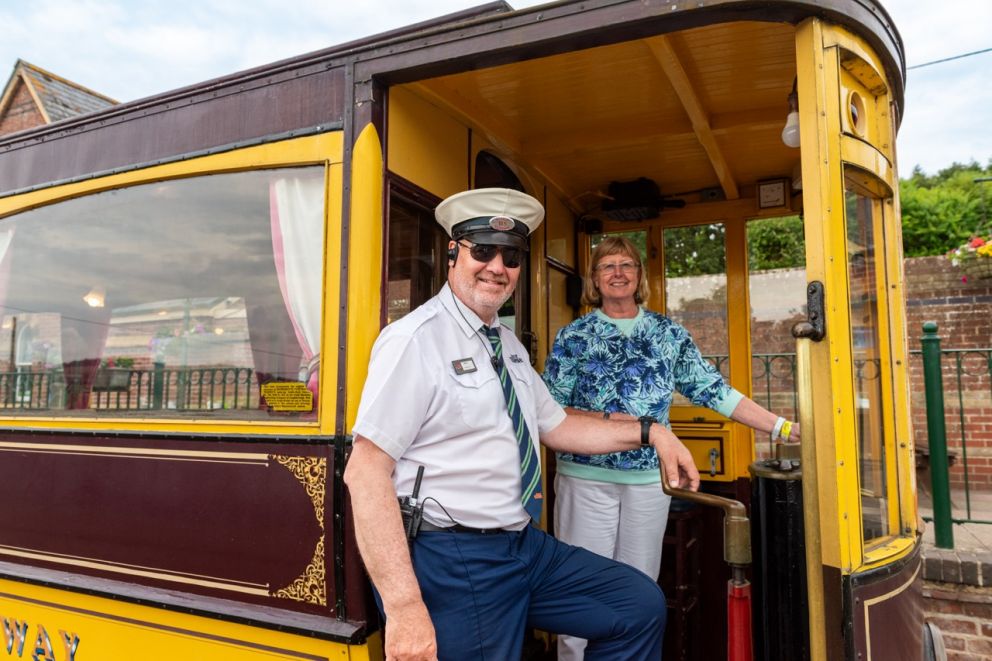 woman driving a tram at Seaton Tramway