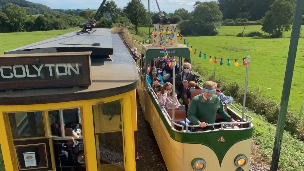 Tram 16 and 4 passing in Tye Lane Loop at Seaton Tramway
